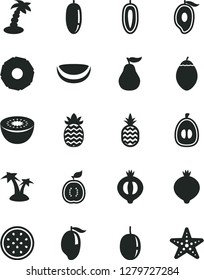 Solid Black Vector Icon Set - a pineapple vector, medlar, half of, mango, date fruit, loquat, passion, sweet, kiwi, tamarillo, guawa, piece coconut, slice, ripe guava, palm tree, starfish