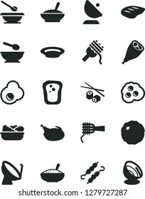 Solid Black Vector Icon Set - deep plate with a spoon vector, plates and spoons, spaghetti, noodles, bowl of buckwheat porridge, rice, lettuce in, chicken, grill leg, chop, meat on skewers, cabbage