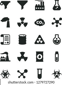 Solid Black Vector Icon Set - manufacture vector, factory, oil, barrel, industrial building, radiation, carbon dyoxide, filter, water, research article, flask, test tube, molecule, nuclear