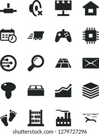 Solid Black Vector Icon Set - silent mode vector, footprints, abacus, dwelling, building block, paving slab, pile, mushroom, industrial, billboard with illumination, urgent cargo, cpu, network, mail