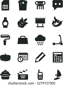 Solid Black Vector Icon Set - paint roller vector, movie cracker, cloud, child Kick scooter, Easter cake, muffin, bottle, hot pepper, pumpkin, SIM card, billboard, pencil, mobile phone, hand bag