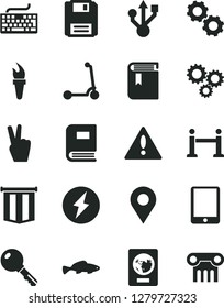 Solid Black Vector Icon Set - warning vector, keyboard, book, child Kick scooter, key, small fish, location, three gears, tablet pc, usb, floppy, flame torch, electricity, pennant flag, victory hand