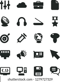 Solid Black Vector Icon Set - briefcase vector, mushroom, loudspeaker, computer, pc card, scanner, headphones, floppy, coding, lan connector, cursor, cloud, file, settings, globe, satellite antenna