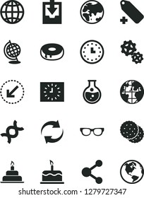 Solid Black Vector Icon Set - renewal vector, add label, download archive data, birthday cake, left bottom arrow, earth, with a hole, biscuit, round flask, planet, gears, connection, wall watch, dna