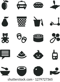 Solid Black Vector Icon Set - image of thought vector, wicker pot, baby rattle, toy mobile phone, children's sand set, deep plate with a spoon, teddy bear, funny hairdo, small yule, Kick scooter