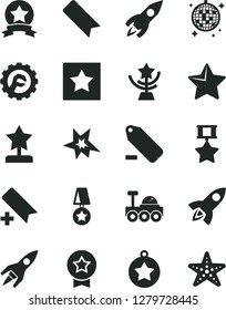 Solid Black Vector Icon Set - add bookmark vector, remove label, star gear, rocket, lunar rover, bang, cup, reward, medal, hero, ribbon, disco ball, starfish