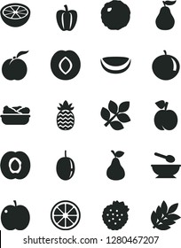 Solid Black Vector Icon Set - deep plate with a spoon vector, lettuce in, cabbage, strawberries, pear, peach, ripe, apple, half apricot, plum, tangerine, passion fruit, juicy lemon, piece of coconut