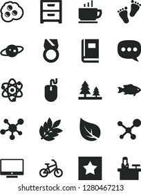 Solid Black Vector Icon Set - footprints vector, screen, nightstand, coffee, fish, omelette, leaf, forest, speech, mouse, molecule, atom, book, saturn, biology, star, gold ring, bike, receptionist