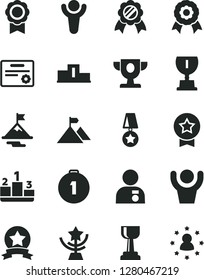 Solid Black Vector Icon Set - pedestal vector, medal, winner, prize, award, gold cup, star, man with, motivation, mountain flag, first place, ribbon, certificate, hands up, stars around