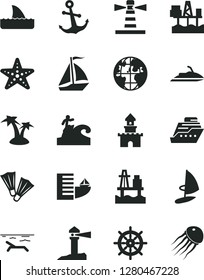 Solid Black Vector Icon Set - anchor vector, sea port, commercial seaport, lighthouse, coastal, planet, sand castle, sail boat, hotel, beach, palm tree, starfish, flippers, surfing, handwheel