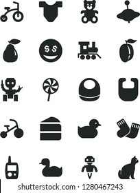 Solid Black Vector Icon Set - bib vector, baby, Child T shirt, rubber duck, duckling, warm socks, toy mobile phone, teddy bear, train, yule, bicycle, tricycle, piece of cake, lollipop, pear, robot