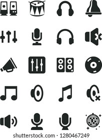 Solid Black Vector Icon Set - bell vector, desktop microphone, horn, loudspeaker, silent mode, drum, music, regulator, volume, no sound, cd, headphones, pc speaker, note, settings, disco ball