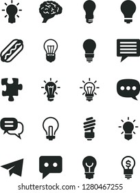 Solid Black Vector Icon Set - image of thought vector, matte light bulb, incandescent lamp, paper airplane, Puzzle, saving, Hot Dog, think, speech, brain, dialog, idea
