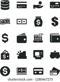 Solid Black Vector Icon Set - bank card vector, purse, dollar, reverse side of a, front the, column coins, denomination, catch coin, wallet, money, cash, machine, cashbox, atm, credit