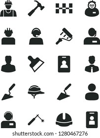 Solid Black Vector Icon Set - builder vector, trowel, building, paint roller, ceramic tiles, construction helmet, putty knife, hammer with claw, employee, operator, welding, woman, man, dispatcher