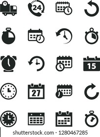 Solid Black Vector Icon Set - daily calendar vector, clock face, clockwise, counterclockwise, alarm, timer, delivery, 24, wall, watch, agenda, schedule, history, stopwatch