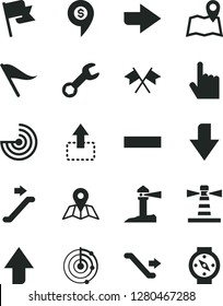 Solid Black Vector Icon Set - upward direction vector, downward, right, wind indicator, minus, index finger, map, flag, move up, lighthouse, coastal, repair, radar, cross flags, dollar pin, compass