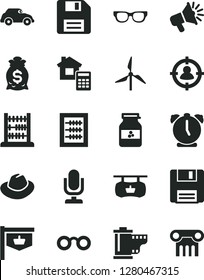 Solid Black Vector Icon Set - desktop microphone vector, floppy disk, hat, camera roll, new abacus, estimate, alarm clock, jar of jam, windmill, retro car, vintage sign, man in sight, loudspeaker