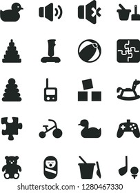 Solid Black Vector Icon Set - rubber duck vector, baby duckling, bath ball, stacking rings, toy, roly poly doll, phone, sand set, children's, small teddy bear, rocking horse, cubes for children