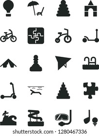 Solid Black Vector Icon Set - stacking rings vector, toy, box of bricks, child bicycle, Kick scooter, Puzzle, Puzzles, pawn, air balloon, hang glider, bike, tent, beach, arnchair under umbrella