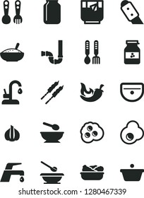 Solid Black Vector Icon Set - deep plate with a spoon vector, plates and spoons, plastic fork, iron, sink, siphon, knife, faucet mixer, kitchen, bowl of rice porridge, lettuce in, barbecue, chili