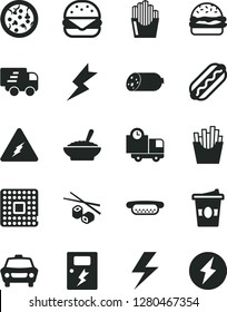 Solid Black Vector Icon Set - lightning vector, dangers, car, delivery, sausage, pizza, Hot Dog, mini, big burger, a bowl of buckwheat porridge, French fries, fried potato slices, Chinese chopsticks