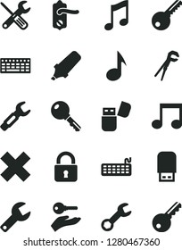 Solid Black Vector Icon Set - repair key vector, cross, small tools, adjustable wrench, door knob, lock, music, steel, text highlighter, keyboard, usb flash, note, arm with