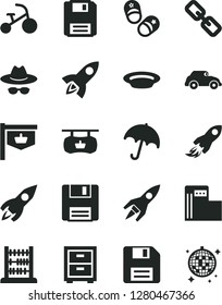 Solid Black Vector Icon Set - floppy disk vector, spectacles, hat with glasses, bedside table, tricycle, child shoes, abacus, umbrella, plate, modern gas station, retro car, vintage sign, rocket
