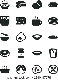 Solid Black Vector Icon Set - deep plate with a spoon vector, sausage, piece of cheese, eggs, loaf, cake hole, glazed, porridge in saucepan, hot, milk, cup tea, glass, fried egg, omelette, jar jam