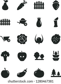 Solid Black Vector Icon Set - garden trolley vector, building, fence, hedge, tomato, carrot, strawberries, pear, mint, squash, tasty apple, raspberry, rose hip, plum, physalis, stub, broccoli, trees