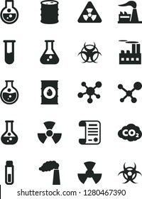 Solid Black Vector Icon Set - round flask vector, manufacture, factory, oil, barrel, industrial building, radiation, carbon dyoxide, research article, test tube, molecule, nuclear, biohazard