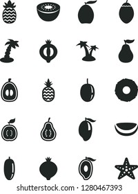 Solid Black Vector Icon Set - a pineapple vector, medlar, half of, mango, loquat, date fruit, passion, kiwi, tamarillo, guawa, piece coconut, slice, ripe guava, part, palm tree, starfish