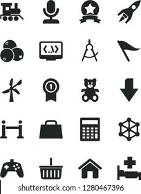 Solid Black Vector Icon Set - downward direction vector, grocery basket, wind indicator, calculator, teddy bear, baby toy train, house, blueberries, energy, scribed compasses, hand bag, coding