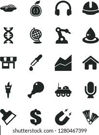Solid Black Vector Icon Set - dollar vector, line chart, house, construction helmet, putty knife, microphone, kiosk, slices of onion, chicken leg, half guawa, drop oil, robot welder, headphones, dna