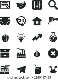 Solid Black Vector Icon Set - mark of injury vector, paper airplane, magnifier, growth up, storage unit, nappy, packing juice with a straw, dwelling, regulator, 24, noodles, bananas, Bell pepper