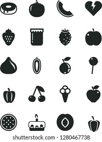 Solid Black Vector Icon Set - broken heart vector, torte, cake with a hole, Chupa Chups, cone, jam, strawberry, cherry, apple, red, plum, fig, tasty raspberry, blueberry, slice of melon, persimmon