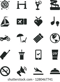 Solid Black Vector Icon Set - earth vector, sail boat, motorcycle, airport tower, rope barrier, plane ticket, phone registration, rolling case, arrival, arnchair under umbrella, uv cream, cocktail