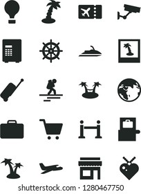 Solid Black Vector Icon Set - earth vector, plane, air balloon, backpacker, rope barrier, suitcase, baggage scanner, ticket, rolling case, palm tree, photo, surveillance, safe, store, cart, jet ski