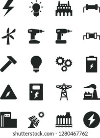 Solid Black Vector Icon Set - lightning vector, matte light bulb, cordless drill, dangers, hammer, charging battery, big solar panel, modern gas station, wind energy, factory, hydroelectricity
