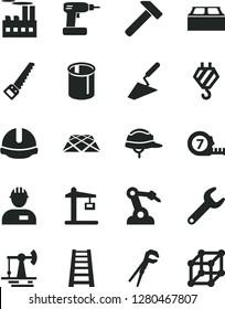 Solid Black Vector Icon Set - workman vector, hook, trowel, adjustable wrench, cordless drill, arm saw, long meashuring tape, stepladder, construction helmet, building block, pavement, hammer, crane