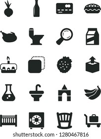 Solid Black Vector Icon Set - cradle vector, baby cot, box of bricks, washbasin, comfortable toilet, strongbox, package, copy, unpacking, torte, apple pie, chicken, beet, strawberries, bananas