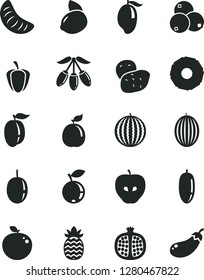 Solid Black Vector Icon Set - half pomegranate vector, tasty apple, blueberry, blueberries, melon, water, mango, goji berry, date fruit, slice of tangerine, ripe plum, passion, yellow lemon, guava