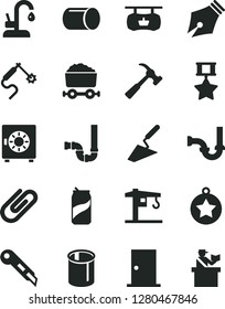 Solid Black Vector Icon Set - crane vector, trowel, siphon, sewerage, ntrance door, stationery knife, kitchen faucet, hammer with claw, strongbox, clip, soda can, pipe, pipes, gas welding, ink pen