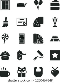 Solid Black Vector Icon Set - bib vector, colored air balloons, window, new roller, color samples, sample of colour, wooden paint brush, door knob, interroom, paving slab, muffin, piece cake, slice