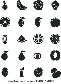 Solid Black Vector Icon Set - beet vector, strawberry, strawberries, apple, squash, quince, raspberry, mango, half peach, slice of tangerine, sweet date fruit, lemon, juicy, kiwi, passion, stub