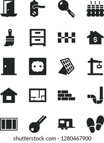 Solid Black Vector Icon Set - dwelling vector, brick wall, window frame, wooden paint brush, siphon, lay out of flat, power socket type f, key, door knob, ntrance, ceramic tiles, radiator, sun panel