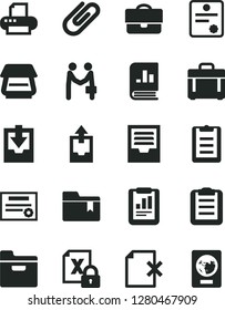 Solid Black Vector Icon Set - archive vector, upload data, download, folder bookmark, case, delete page, clip, portfolio, statistical report, book on statistics, encrypting, printer, scanner