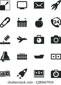 Solid Black Vector Icon Set - bell vector, camera, envelope, safety pin, bath, drawing, fence, 24, expand picture, apricot, battery, cash, monitor, rocket, dollar, private plane