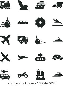 Solid Black Vector Icon Set - truck lorry vector, car child seat, big core, sea port, production conveyor, electric transport, urgent cargo, Express delivery, limousine, plane, train, motorcycle