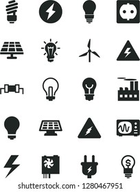 Solid Black Vector Icon Set - lightning vector, danger of electricity, matte light bulb, incandescent lamp, saving, solar panel, windmill, plug, power socket, industrial building, pc supply, sun